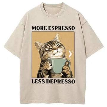 Personality fashion Cute Cat Drinking Coffee Washed T-Shirt