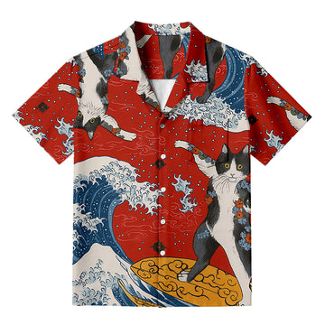 Personality fashionSurfing Tattooed Cat Hawaiian Shirt