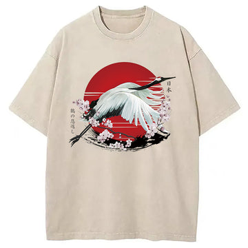 Personality fashion Japanese Crane Tsuru Washed T-Shirt