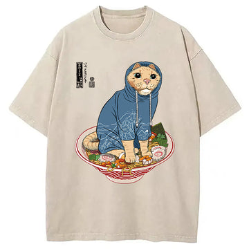 Personality fashion Japanese Cat on Ramen Washed T-Shirt