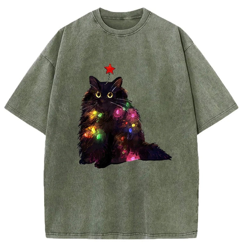 Personality fashion Christmas Lights Cat Washed T-Shirt