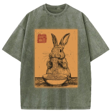 Personality fashion Ramen Lover Rabbit Washed T-Shirt