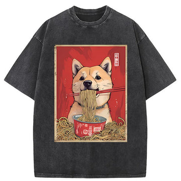Personality fashion Shiba Lnu Eating Ramen Washed T-Shirt