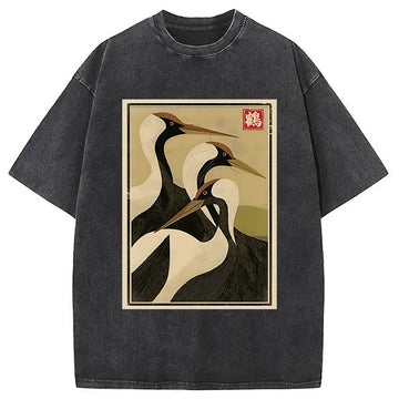 Personality fashion Japanese Crane Vintage Washed T-Shirt