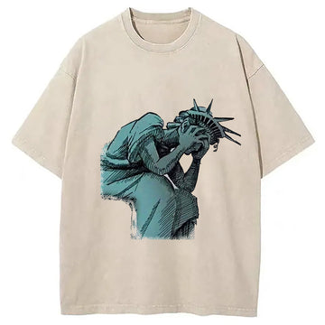 Personality fashion Lady Liberty Flaming Fist Washed T-Shirt