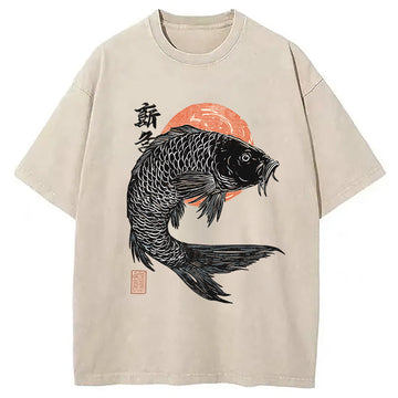Personality fashion Vintage Koi Rice Sack Washed T-Shirt