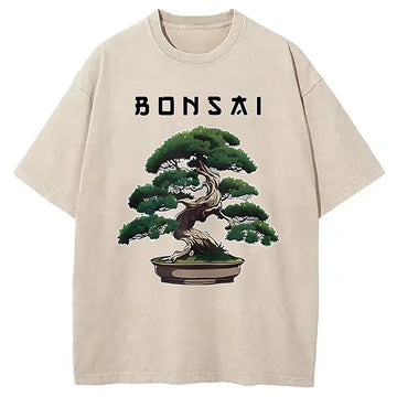 Personality fashion Bonsai Tree Funny Japanese Washed T-Shirt