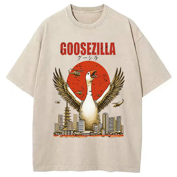 Personality fashion Goosezilla Japanese Art Funny Goose Washed T-Shirt