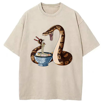 Personality fashion Japanese Kawaii Ramen Snake Funny Washed T-Shirt