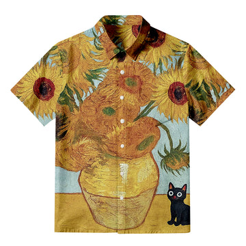 Personality fashionVan Gogh Sunflower Cat Button-up Shirt