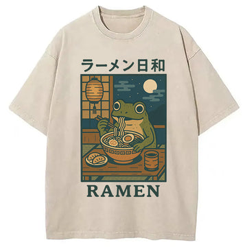 Personality fashion Japanese Frog Eating Ramen Washed T-Shirt