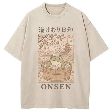 Personality fashion Onsen Frog Japanese Washed T-Shirt