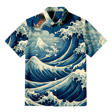 Japanese Ukiyoe Wave Dragon Button-up Shirt