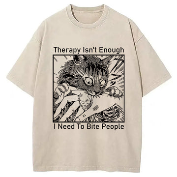 Personality fashion Japanese Cat Biting Washed T-Shirt