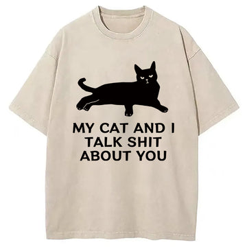 Personality fashion Gossiping Black Cat Washed T-Shirt