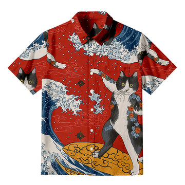 Personality fashionSurfing Tattooed Cat Button-up Shirt