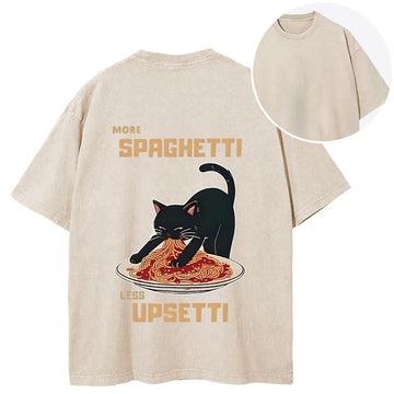Personality fashion Cat Eating Spaghetti Funny Back Washed T-Shirt