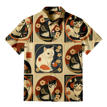 Personality fashionMeiji Era Cat All-over Pattern Ukiyo-e Button-up Shirt