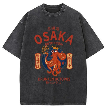 Personality fashion Osaka Dotonbori Drunken Octopus Washed T-Shirt