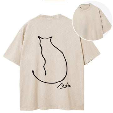 Personality fashion Simple Drawing Cat Back Washed T-Shirt