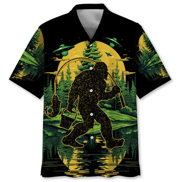Bigfoot Fishing Green Alien Forest Hawaiian Shirt