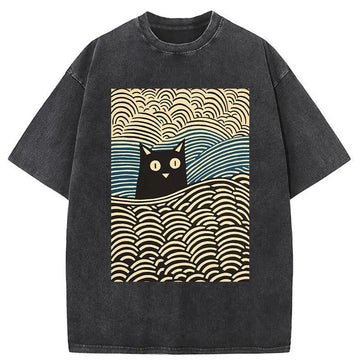 Personality fashion Kawaii Cat Japanese Washed T-Shirt