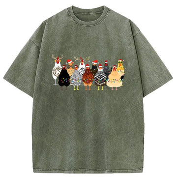 Personality fashion A Flock Of Christmas Chickens Washed T-Shirt