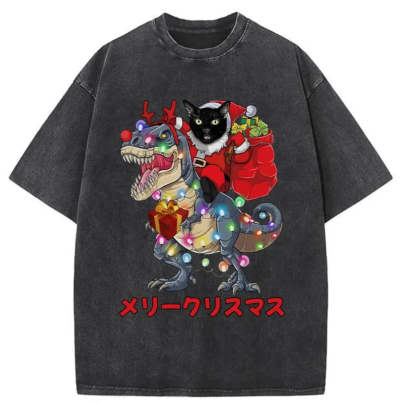 Personality fashion Cat Riding Dinosaur Christmas Washed T-Shirt