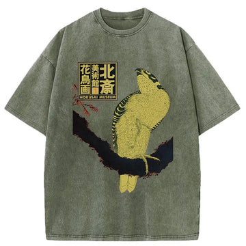 Personality fashion Hokusai Museum Flower And Bird Washed T-Shirt