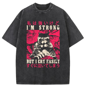 Personality fashion I Am Strong Raccoon Washed T-Shirt