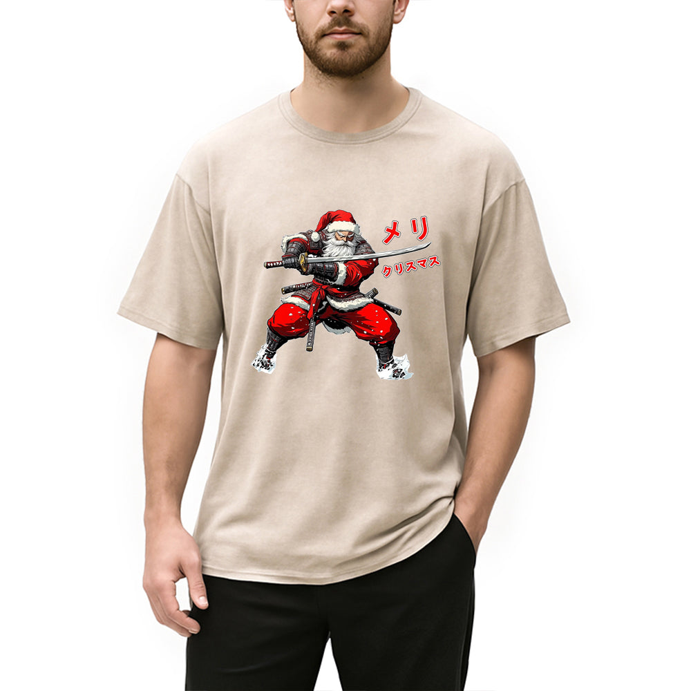 Personality fashion Samurai Santa Christmas Washed T-Shirt