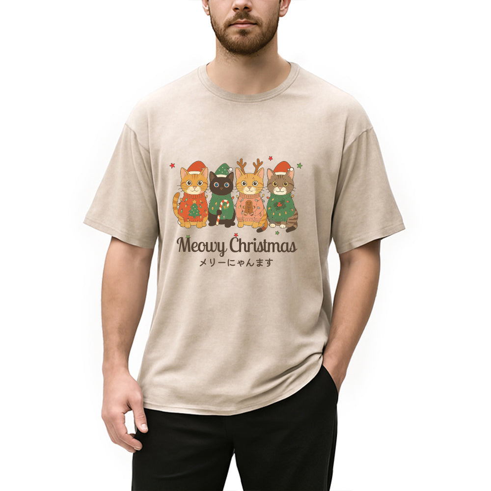 Personality fashion Meowy Christmas Cat Washed T-Shirt