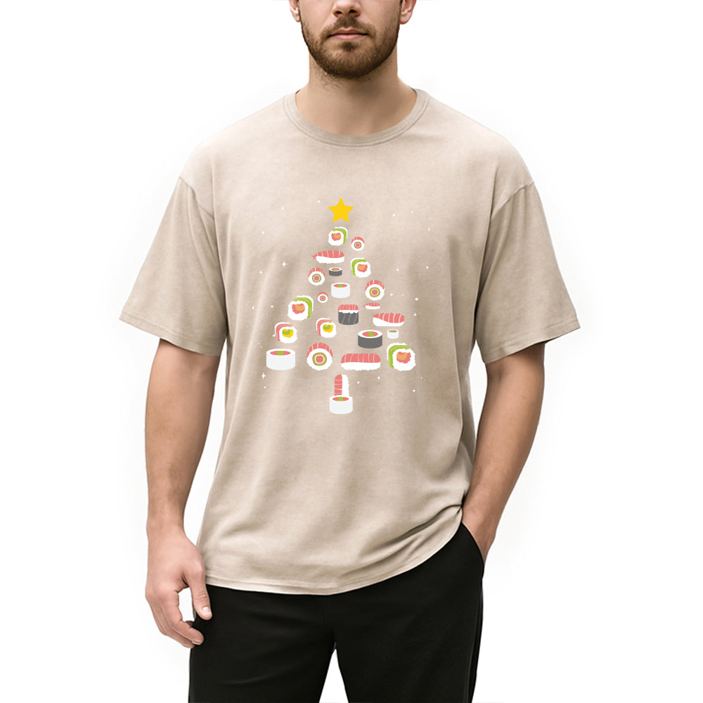 Personality fashion Sushi Christmas Tree Washed T-Shirt