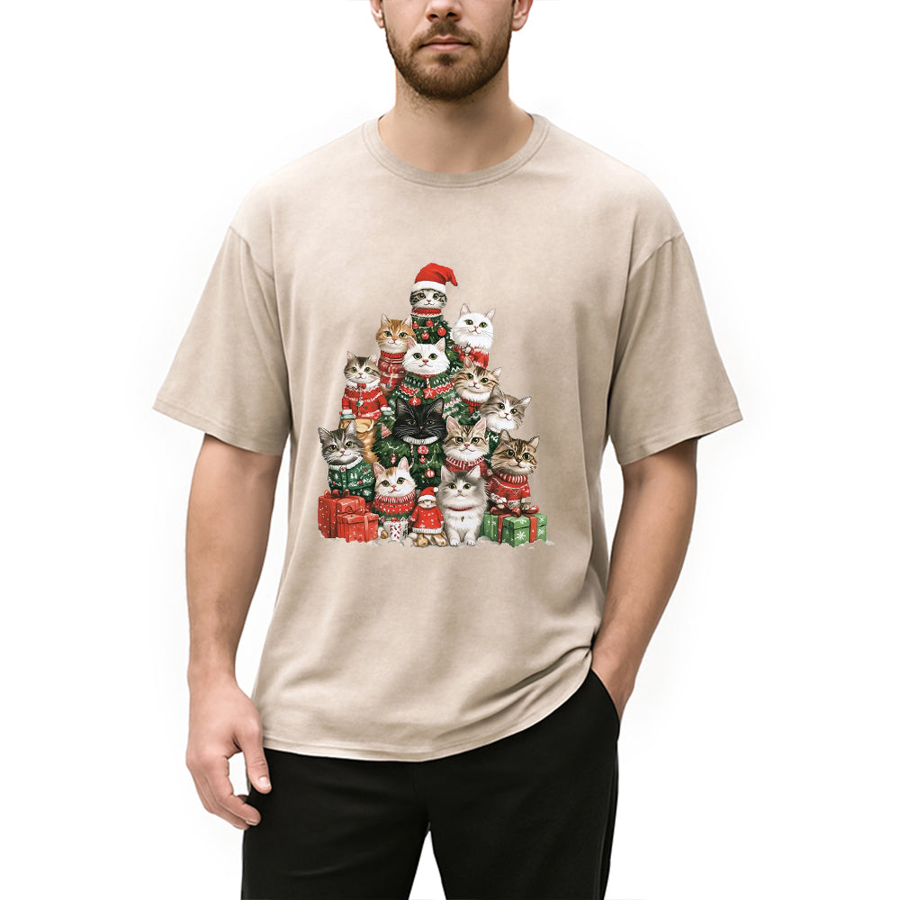 Personality fashion Christmas Cat Tree Washed T-Shirt
