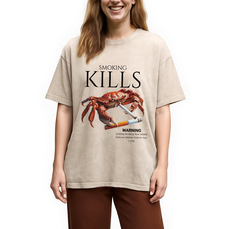 Personality fashion Smoking Kills Crab Washed T-Shirt