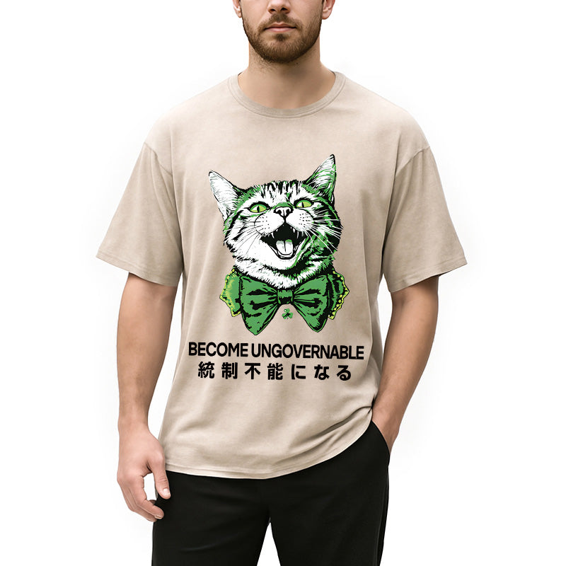 Personality fashion St. Patrick's Day Prank Cat Washed T-Shirt