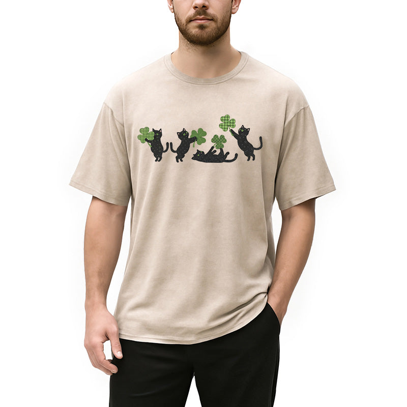 Personality fashion St Patricks Day Cat Washed T-Shirt