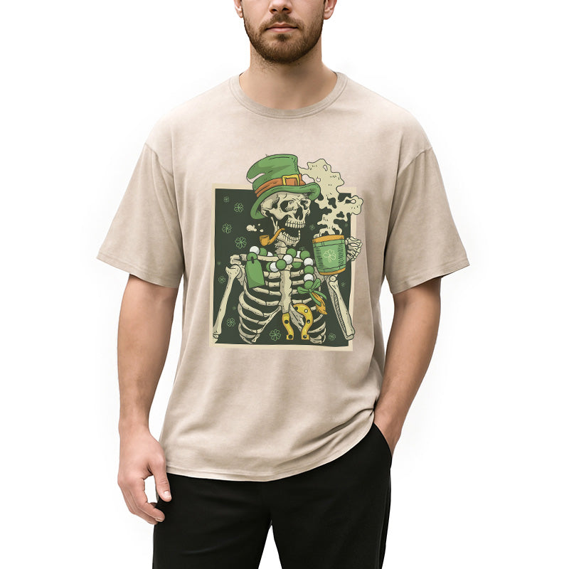 Personality fashion St. Patrick's Skeleton Drinking Coffee Washed T-Shirt