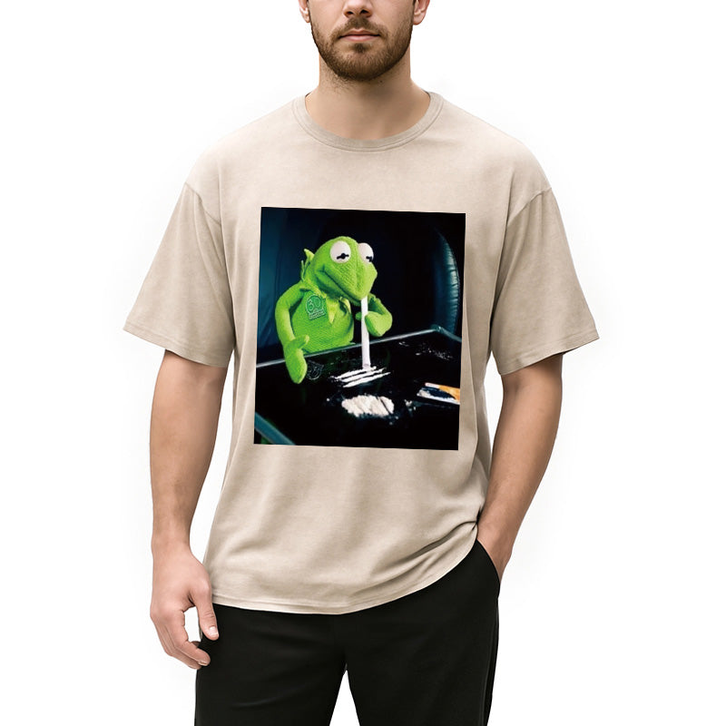 Personality fashion Frog Cocaine Drug Hipster Funny Washed T-Shirt