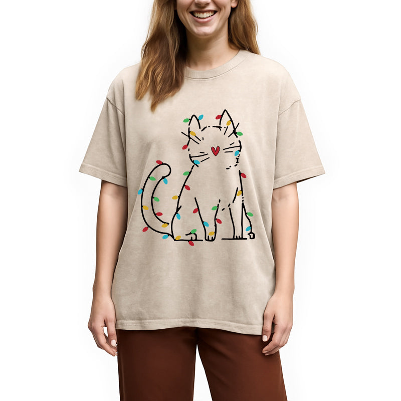 Personality fashion Japan Christmas Lights Cat Washed T-Shirt