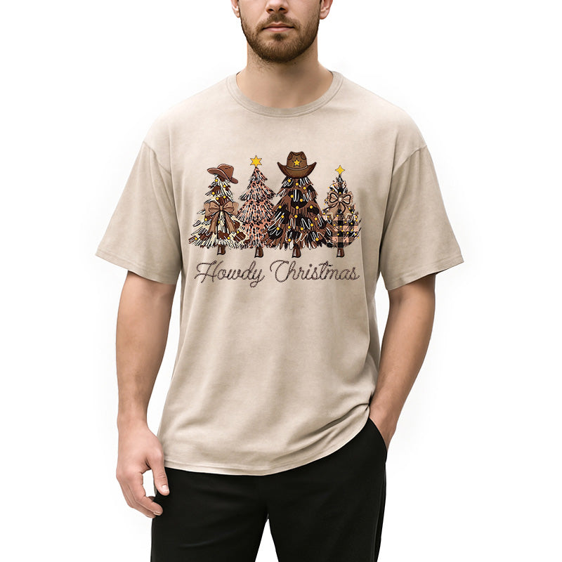 Personality fashion Western Howdy Christmas Tree Washed T-Shirt