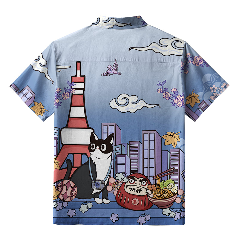 Tokyo Tower Landscape With Cat Aloha Hawaiian Shirt