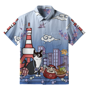 Personality fashion  Tokyo Tower Landscape With Cat Button-up Shirt