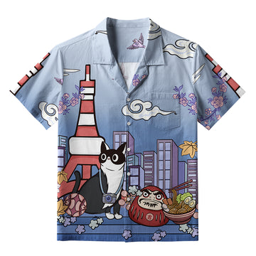 Personality fashion  Tokyo Tower Landscape With Cat Aloha Hawaiian Shirt