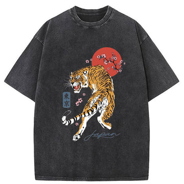 Personality fashion Tiger Blossom Japanese Sakura Washed T-Shirt