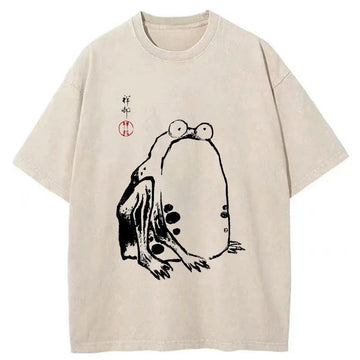 Personality fashion Grumpy Frog Matsumoto Hoji Washed T-Shirt