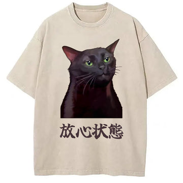 Personality fashion Black Cat Zoning Out Meme Washed T-Shirt