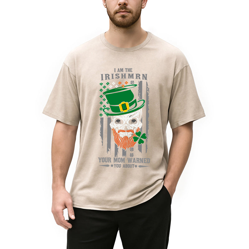 Personality fashion Clover Skull St. Patrick's Day Washed T-Shirt