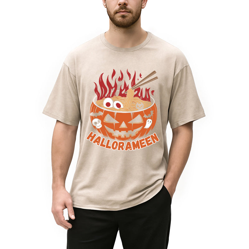 Personality fashion HalloRameen Halloween Washed T-Shirt