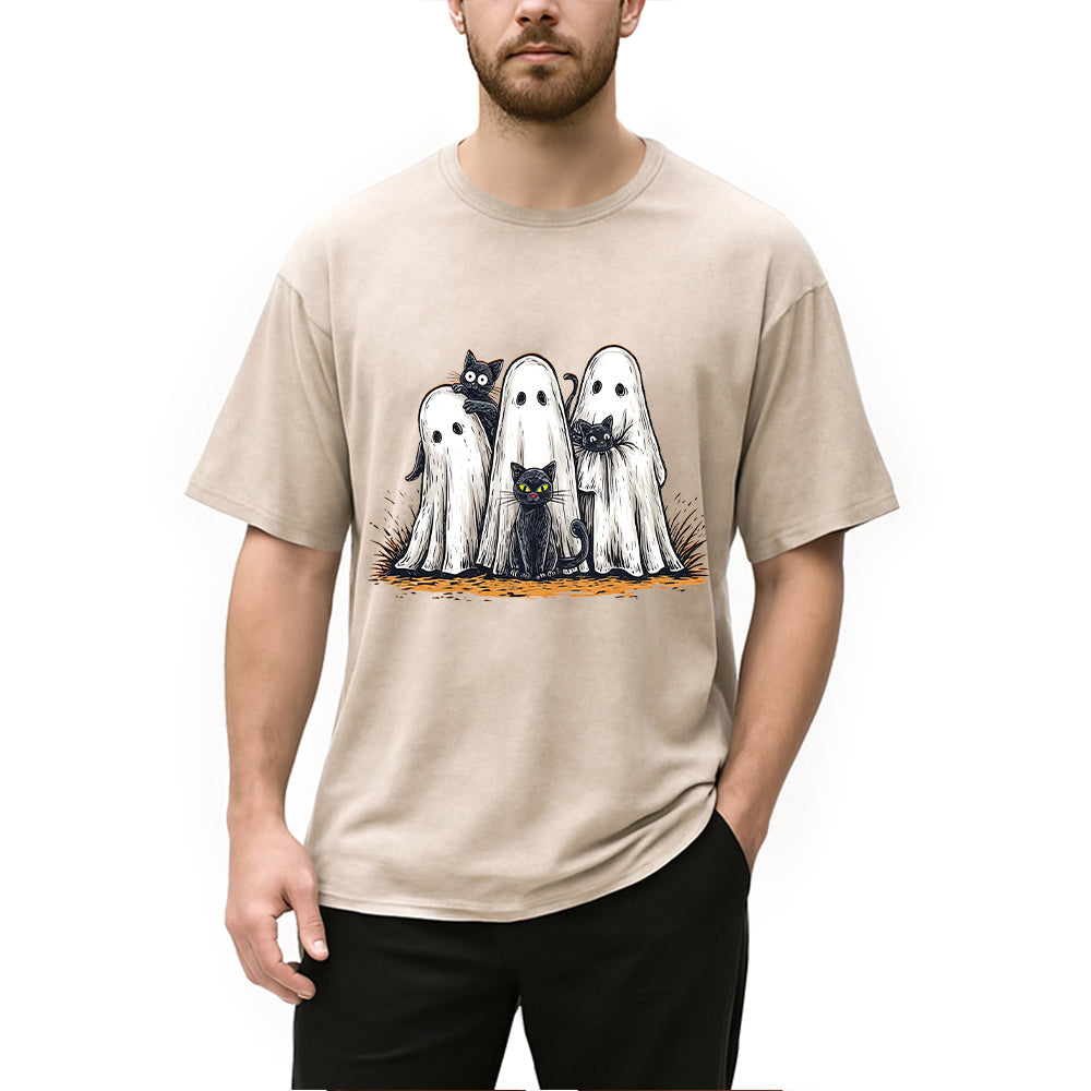 Personality fashion Black Cat Ghost Halloween Washed T-Shirt
